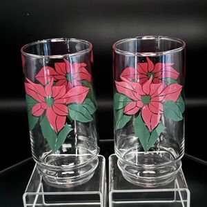 (2) Vintage Indiana Glass Red & Green Poinsettia Glass Tumbler Christmas Holiday